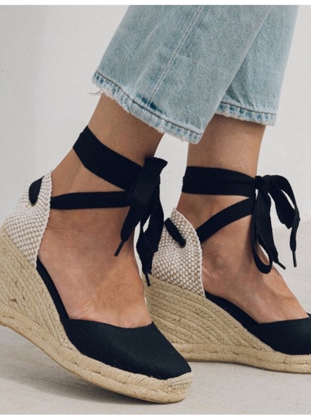 Soludos Marseille Black Lace Up Wedge Espadrilles 7.5